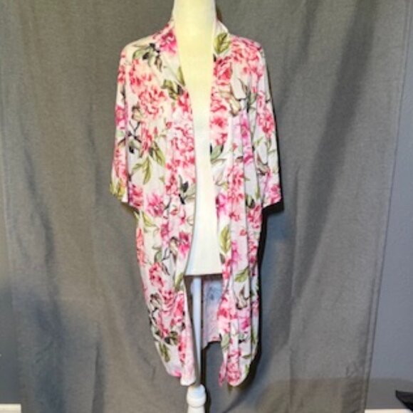 Show Me Your Mumu Pink Floral Open Cardigan Robe Duster Kimono OSFM Missing Belt - Picture 1 of 3